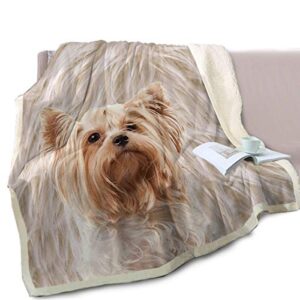 BlessLiving Cute Puppy Dog Print Fleece Throw Blanket Reversible Sherpa Blanket Throws for Couch Bed Sofa Car Seat (Yorkshire Terrier,Twin, 60 x 80 Inches)