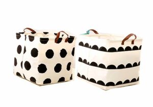 13″ storage baskets,square canvas toy storage bins,durable large collapsible storage bins with handles for home closet bedroom drawers organizers, toy storing black white 2 pack (dot+ semicircle)