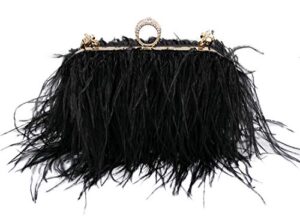 qeburi women fluffy ostrich feather evening dress clutch bag purse shoulder bag (black)