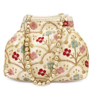 indian ethnic designer embroidered silk potli bag batwa pearls handle purse (golden nd purple)