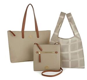 joy mangano luxe genuine leather handbag, chic crossbody plus shopper tote ~ stone