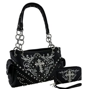 Western Embroidered Concealed Carry Purse/Wallet Set w/Rhinestone Cross