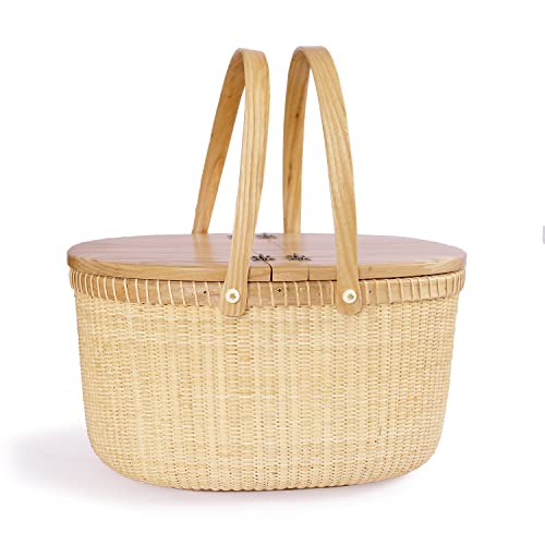 Teng Tian Nantucket Basket Crafts Cane-on-Cane Weave Picnic Basket Shopping Basket Basket Storage Basket Two Swing Handles (Ash Activity Double Open)