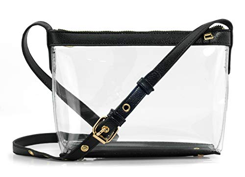 Clear Zipper Cross Body Bag with Vegan Leather Trim (Black)