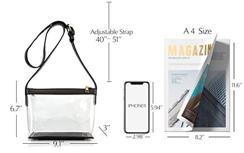 Clear Zipper Cross Body Bag with Vegan Leather Trim (Black)