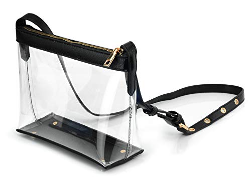 Clear Zipper Cross Body Bag with Vegan Leather Trim (Black)