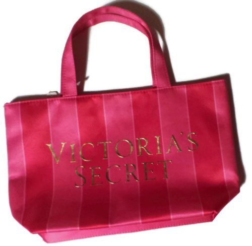 Victoria's Secret Mini Tote Bag Pink and Red Striped with Victoria's Secret Across the Front (Size 12" X 7" X 3")