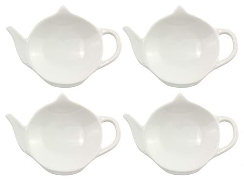 Cornucopia White Ceramic Tea Bag Coasters — Spoon Rests; 4-Pack Classic Teabag Caddy Holder Saucer Set