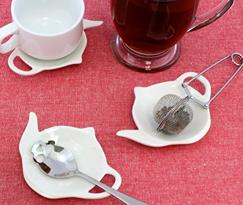 Cornucopia White Ceramic Tea Bag Coasters — Spoon Rests; 4-Pack Classic Teabag Caddy Holder Saucer Set