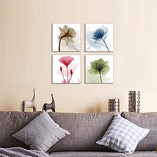 Wieco Art 4-Panel Canvas Print Flickering Flowers Modern Canvas Wall Art, 12 by 12-Inch