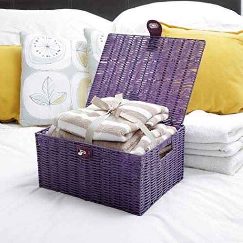 ARPAN Large Resin Woven Storage Basket Box with Lid & Lock, Purple