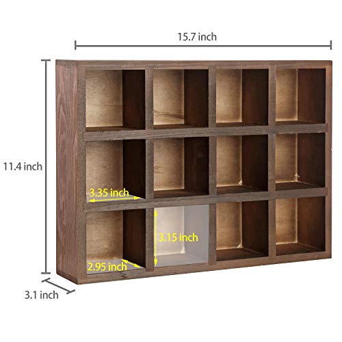 MyGift Brown Wood Hanging Shadow Box, Shot Glasses Display Case, Crystal Display Shelves, Collectibles Display Shelf, Freestanding or Wall Mounted Shelving Unit with 12 Compartments