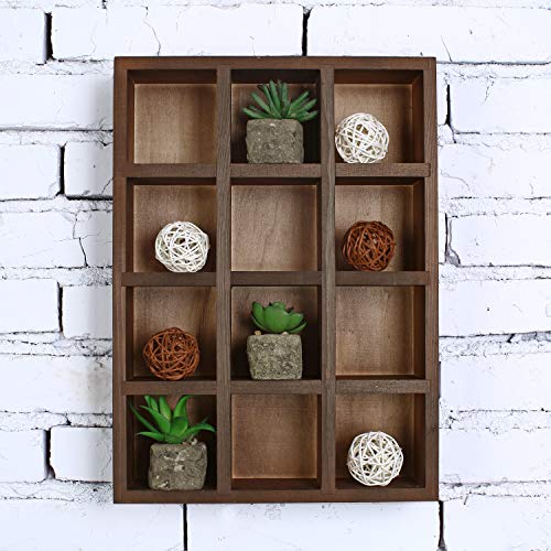 MyGift Brown Wood Hanging Shadow Box, Shot Glasses Display Case, Crystal Display Shelves, Collectibles Display Shelf, Freestanding or Wall Mounted Shelving Unit with 12 Compartments