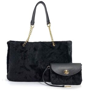 fur carryall tote bag with wristlet clutch women chain shoulder handbag (black) large