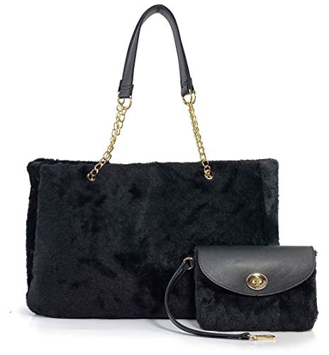 Fur Carryall Tote Bag with Wristlet Clutch Women Chain Shoulder Handbag (Black) Large