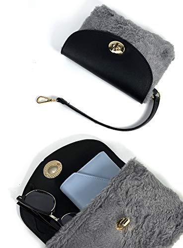 Fur Carryall Tote Bag with Wristlet Clutch Women Chain Shoulder Handbag (Black) Large