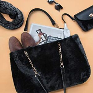 Fur Carryall Tote Bag with Wristlet Clutch Women Chain Shoulder Handbag (Black) Large