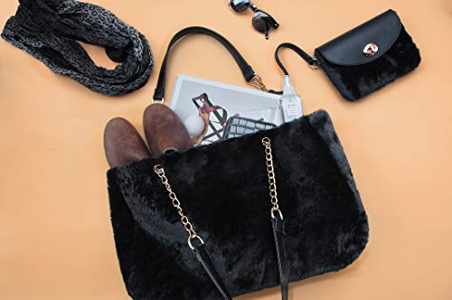 Fur Carryall Tote Bag with Wristlet Clutch Women Chain Shoulder Handbag (Black) Large