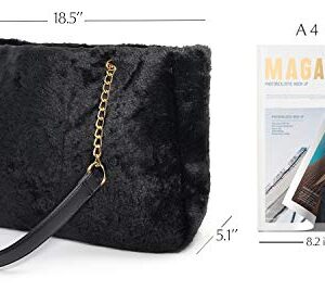 Fur Carryall Tote Bag with Wristlet Clutch Women Chain Shoulder Handbag (Black) Large