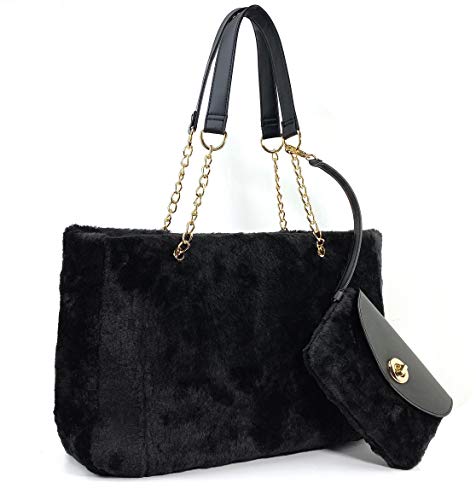 Fur Carryall Tote Bag with Wristlet Clutch Women Chain Shoulder Handbag (Black) Large