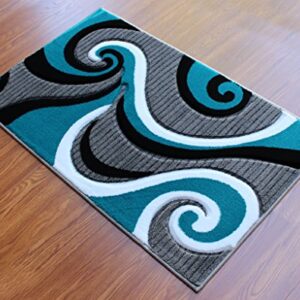 Masada Rugs, Sophia Collection Hand Carved Mat Modern Contemporary Turquoise White Grey Black (2 Feet X 3 Feet 4 Inch) Welcome Mat, Doormat, Bathroom Rug, Kitchen Mat, Small Space Rug