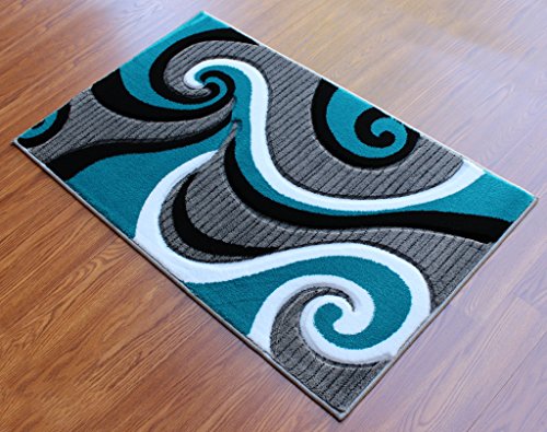 Masada Rugs, Sophia Collection Hand Carved Mat Modern Contemporary Turquoise White Grey Black (2 Feet X 3 Feet 4 Inch) Welcome Mat, Doormat, Bathroom Rug, Kitchen Mat, Small Space Rug