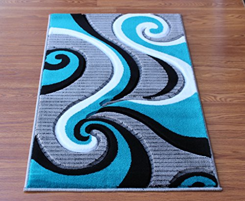 Masada Rugs, Sophia Collection Hand Carved Mat Modern Contemporary Turquoise White Grey Black (2 Feet X 3 Feet 4 Inch) Welcome Mat, Doormat, Bathroom Rug, Kitchen Mat, Small Space Rug