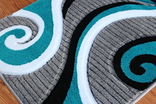 Masada Rugs, Sophia Collection Hand Carved Mat Modern Contemporary Turquoise White Grey Black (2 Feet X 3 Feet 4 Inch) Welcome Mat, Doormat, Bathroom Rug, Kitchen Mat, Small Space Rug