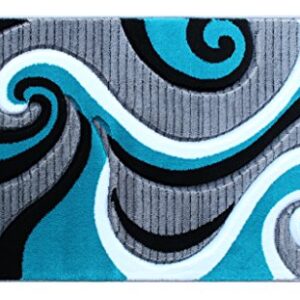 Masada Rugs, Sophia Collection Hand Carved Mat Modern Contemporary Turquoise White Grey Black (2 Feet X 3 Feet 4 Inch) Welcome Mat, Doormat, Bathroom Rug, Kitchen Mat, Small Space Rug