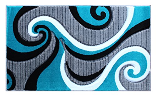 Masada Rugs, Sophia Collection Hand Carved Mat Modern Contemporary Turquoise White Grey Black (2 Feet X 3 Feet 4 Inch) Welcome Mat, Doormat, Bathroom Rug, Kitchen Mat, Small Space Rug