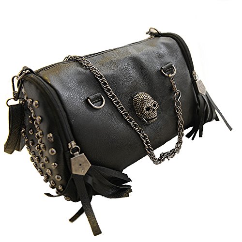 FiveloveTwo Personality Skull Women Top Handle Shoulder Bag Satchel Tote Purse Fashion Vintage Middle Bag Black