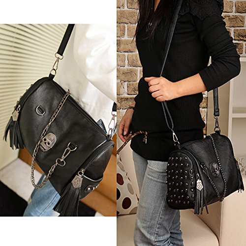 FiveloveTwo Personality Skull Women Top Handle Shoulder Bag Satchel Tote Purse Fashion Vintage Middle Bag Black