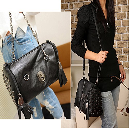 FiveloveTwo Personality Skull Women Top Handle Shoulder Bag Satchel Tote Purse Fashion Vintage Middle Bag Black