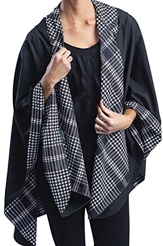 RainCaper Womens Rain Cape Poncho Coat Jacket with Hood Reversible Gorgeous Ultrasoft (Choose your Color) (Black & B&W Houndstooth Plaid)