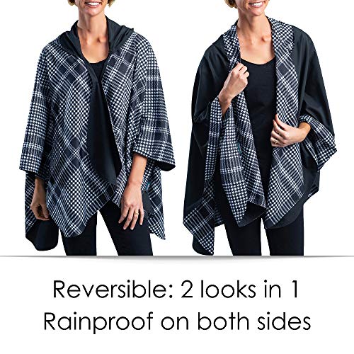 RainCaper Womens Rain Cape Poncho Coat Jacket with Hood Reversible Gorgeous Ultrasoft (Choose your Color) (Black & B&W Houndstooth Plaid)