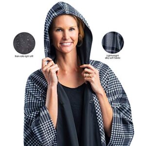 RainCaper Womens Rain Cape Poncho Coat Jacket with Hood Reversible Gorgeous Ultrasoft (Choose your Color) (Black & B&W Houndstooth Plaid)