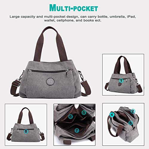 DOURR Hobo Handbags Canvas Crossbody Bag for Women, Multi Compartment Tote Purse Bags (Gray - Medium)