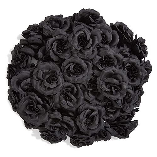 50 Pack Artificial Black Roses, 3 Inch Stemless Silk Flowers for Wall Decorations, Wedding Receptions, Faux Bouquets, Spring Decor, DIY Arts and Crafts Projects