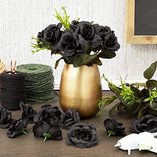 50 Pack Artificial Black Roses, 3 Inch Stemless Silk Flowers for Wall Decorations, Wedding Receptions, Faux Bouquets, Spring Decor, DIY Arts and Crafts Projects