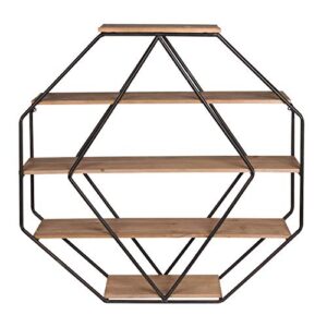 kate and laurel lintz large octagon shaped floating wood book shelves for decorative wall display, black metal frame with rustic brown shelves