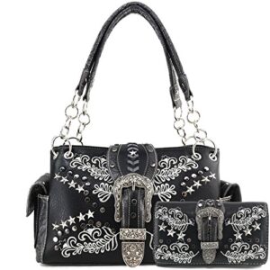 Justin West Buckle Western Floral Damask Embroidery Studs Stars Concealed Carry Handbag Purse (Black Purse Wallet Set)