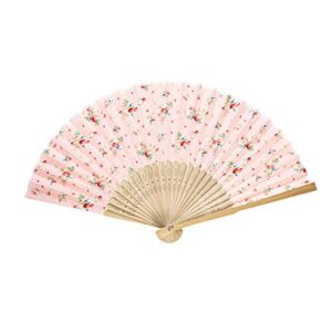 hand fan bamboo pink flower printed folding fan cotton for party wedding gift