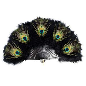 yolyoo vintage style marabou feather hand fan peacock folding handheld fan for dancing party flapper(purple) (black)