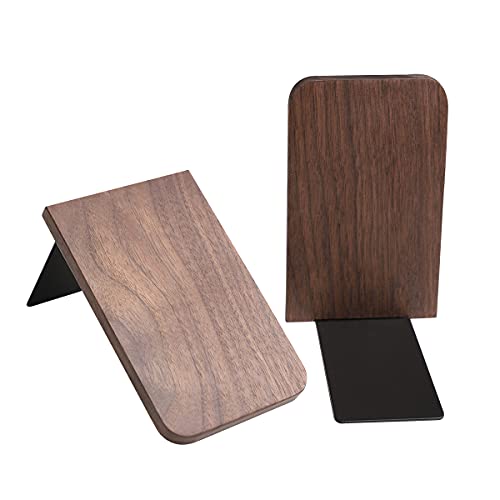 Muso Wood Book Ends for Shelves, Non-Slip Bookends, Heavy Duty Wooden Bookend Support for Books and Movies (Walnut 1 Pair)