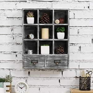 MyGift Wall-Mounted Wood Shadow Box Shelf - Graywashed Wooden Table Top Display Organizer with 2 Pull Out Drawers