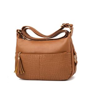 notag women’s crossbody bags leather shoulder purse with tassel lightweight travel messenger bags (brown)