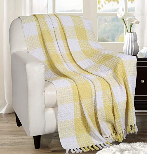 Buffalo Plaid Cotton Throw Blanket With Fringes 50x60 Inch- Lime Yellow,Cotton Throw For Sofa, Farmhouse Throw,Throw For Couch,Everyday Use,Well Crafted For Durabilty,All Season Blanket