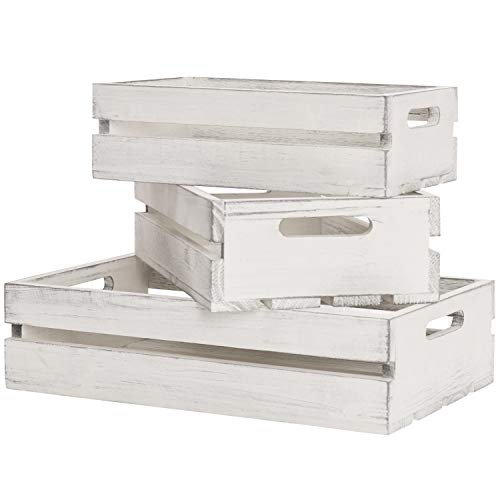 MyGift 16 x 10 Inch Vintage Whitewashed Wood Nesting Storage Crates with Handles, Set of 3