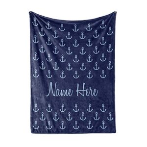 personalized fleece blanket – custom throw blankets for adults men women kids – nautical theme navy blue anchor (baby/pet 30″x40″)