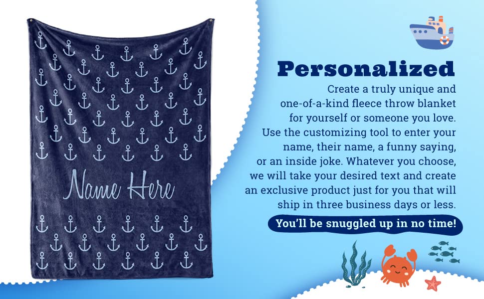 Personalized Fleece Blanket - Custom Throw Blankets for Adults Men Women Kids - Nautical Theme Navy Blue Anchor (Baby/Pet 30"x40")